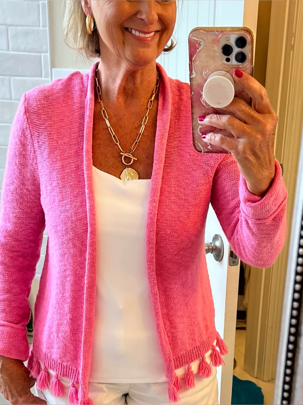 Lilly Pulitzer Pink Open-Front Tassel Cardigan